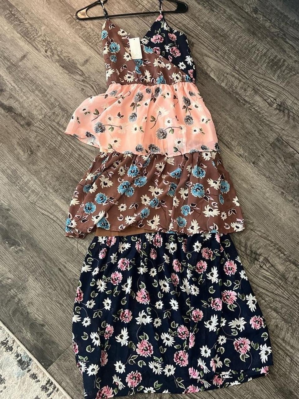 Tiered Floral Maxi Dress in Pink, Brown & Navy